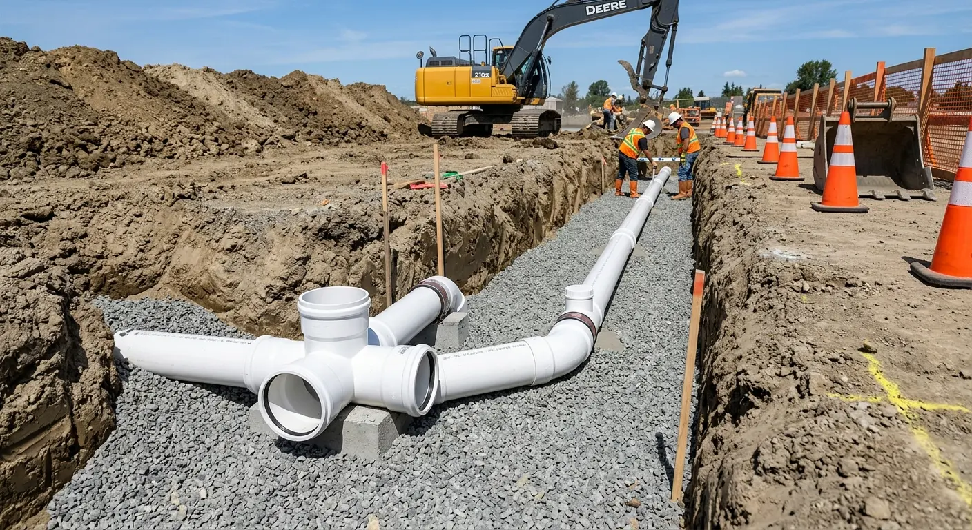 New PVC sewer pipe installation in open trench for Grease Trap Cleaning in Salamanca