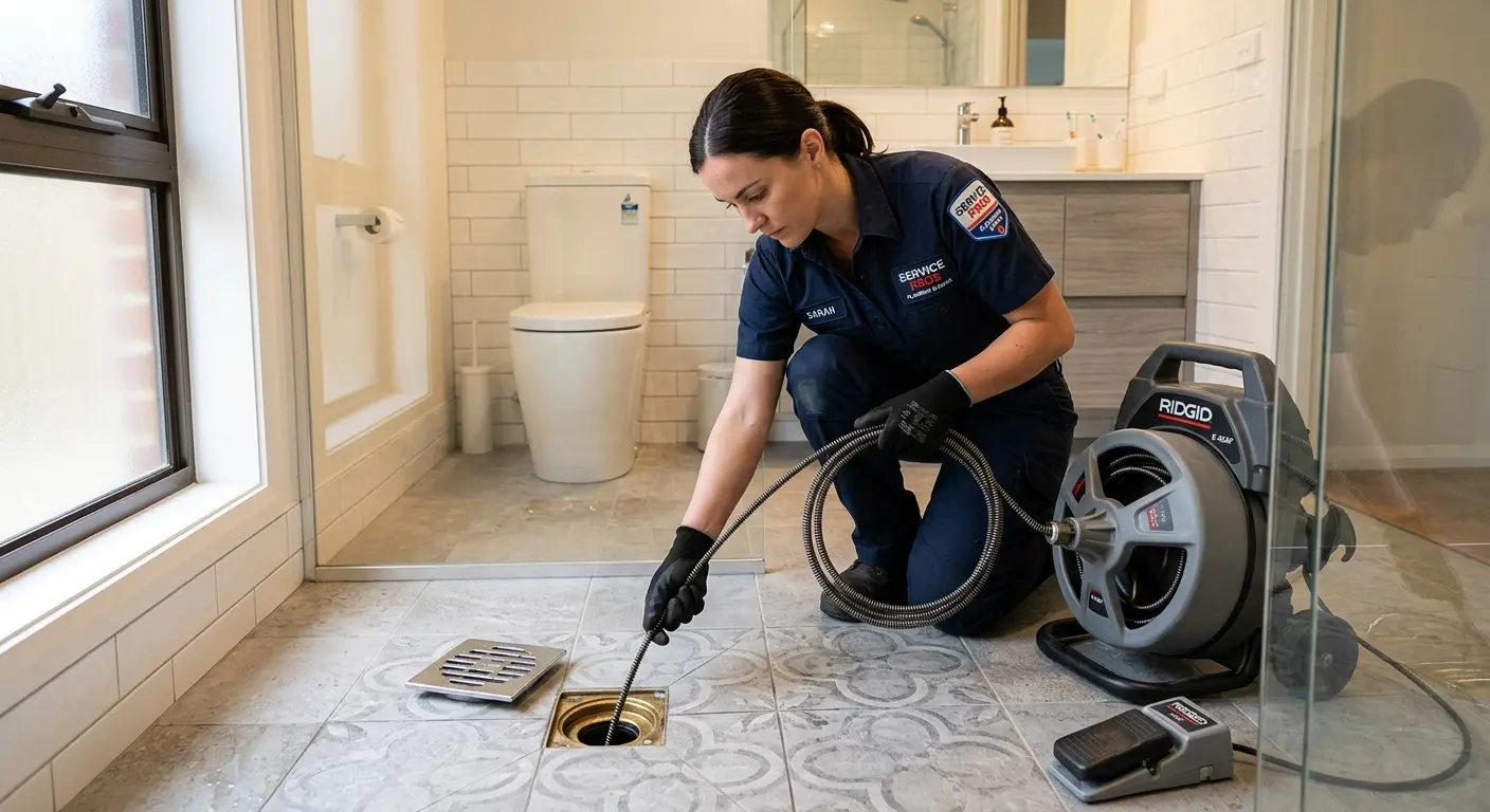 Technician clearing a bathroom floor drain for Drain Repair in Salamanca